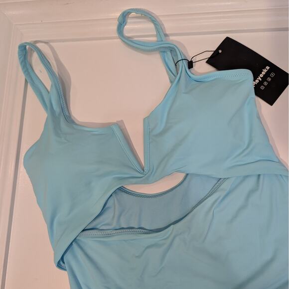 Mayeeka Swimsuit Soft Blue Open Mid High Cut Pool Beach Swim Travel - Size M - Picture 3 of 6